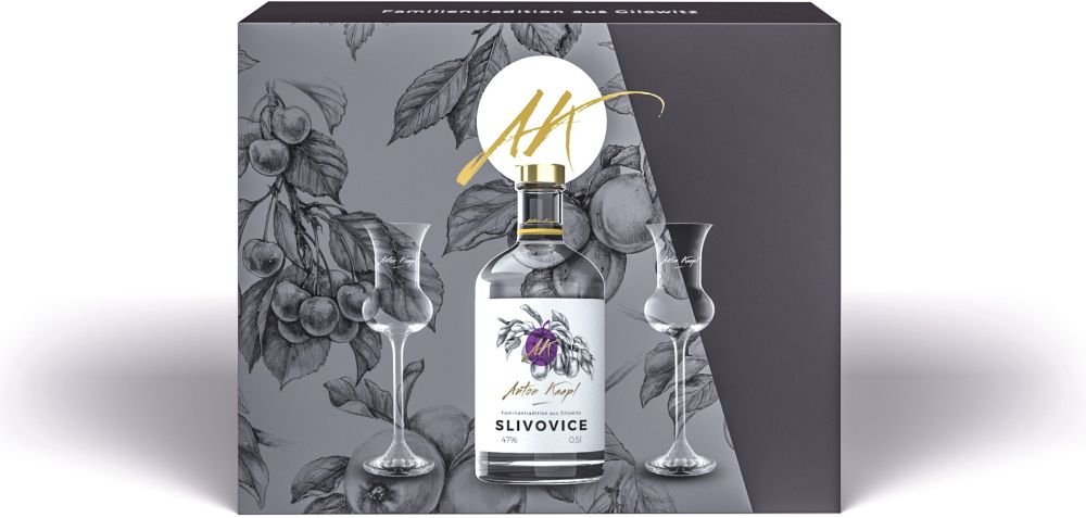 Anton Kaapl - Luxusní dárkové balení 1xSlivovice 47%, 0,5l + 2 skleničky, 85ml
