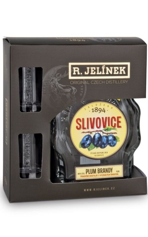 R. Jelínek Slivovice 3yo budík + 2 skla 45% 0,5l (dárkové balení 2 sklenice)